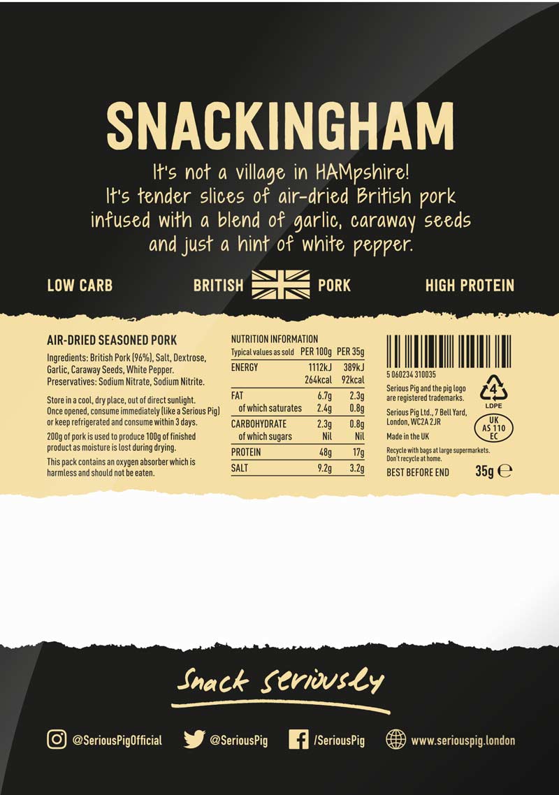 Back of the Serious Pig Snackingham Classic packet showing ingredients and nutrition information