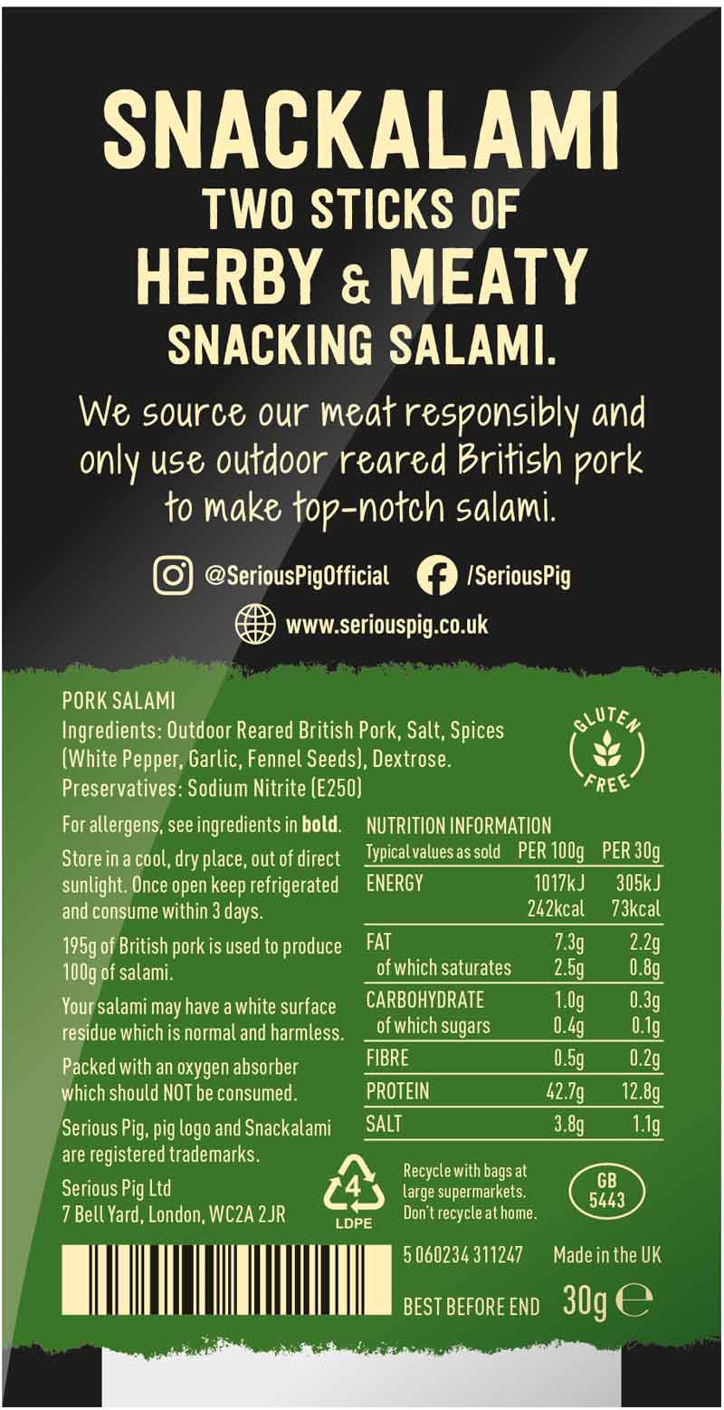 Back of the Serious Pig Snackalami Fennel packet showing ingredients and nutrition information