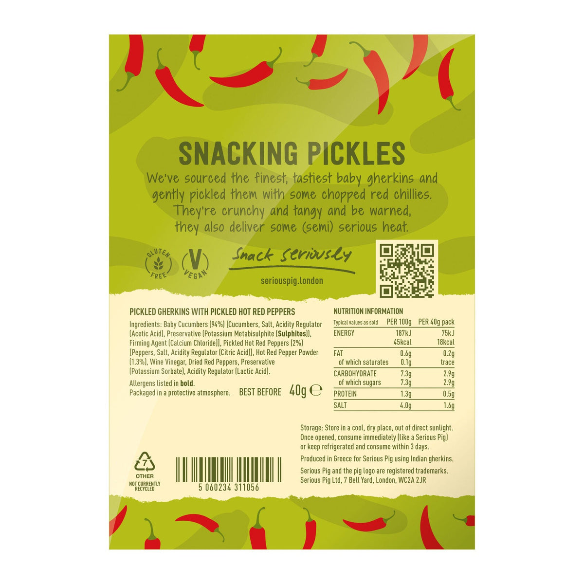 Back of the Serious Pig Snacking Pickles with Chilli packet showing nutrition information