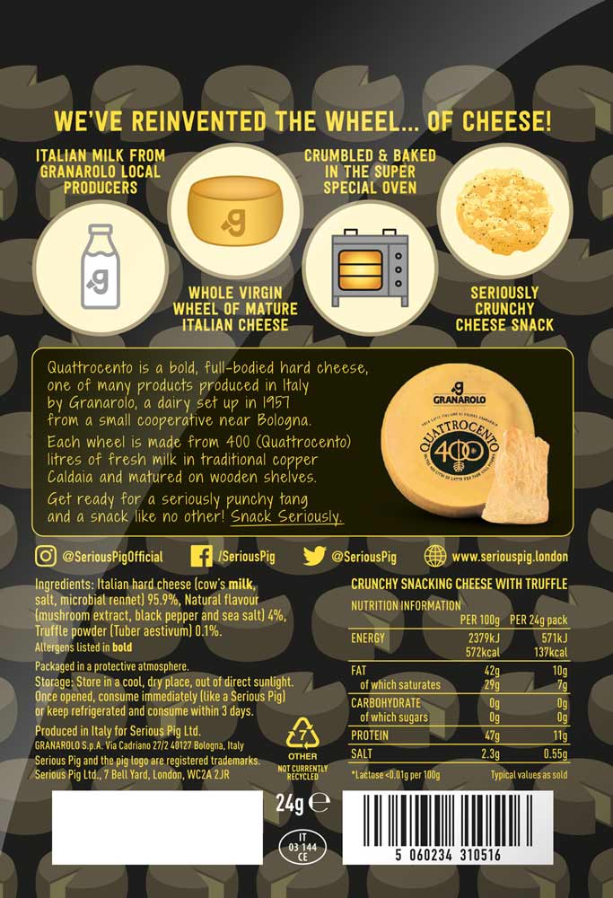 Back of the Serious Pig Snacking Cheese with Truffle packet showing ingredients and nutrition information