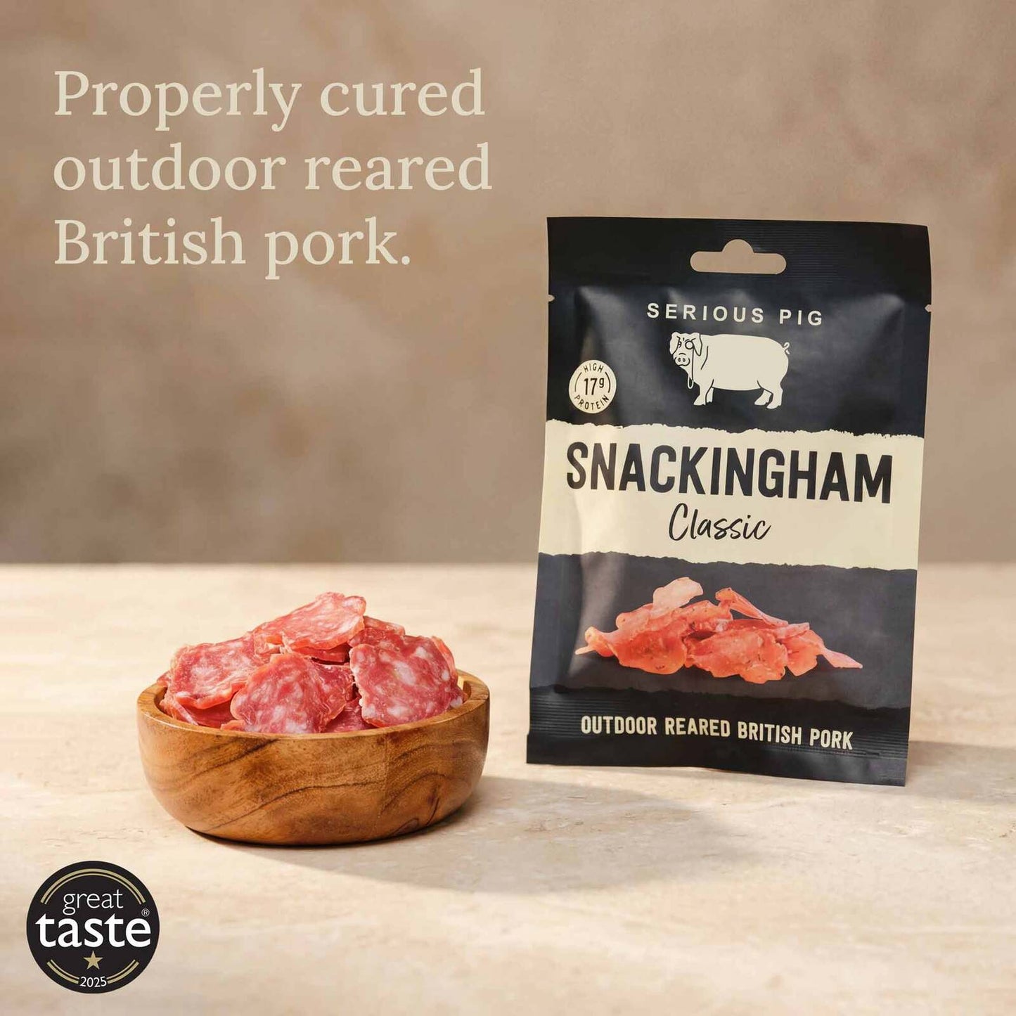 Serious Pig Snackingham Outdoor reared British pork, high protein snack