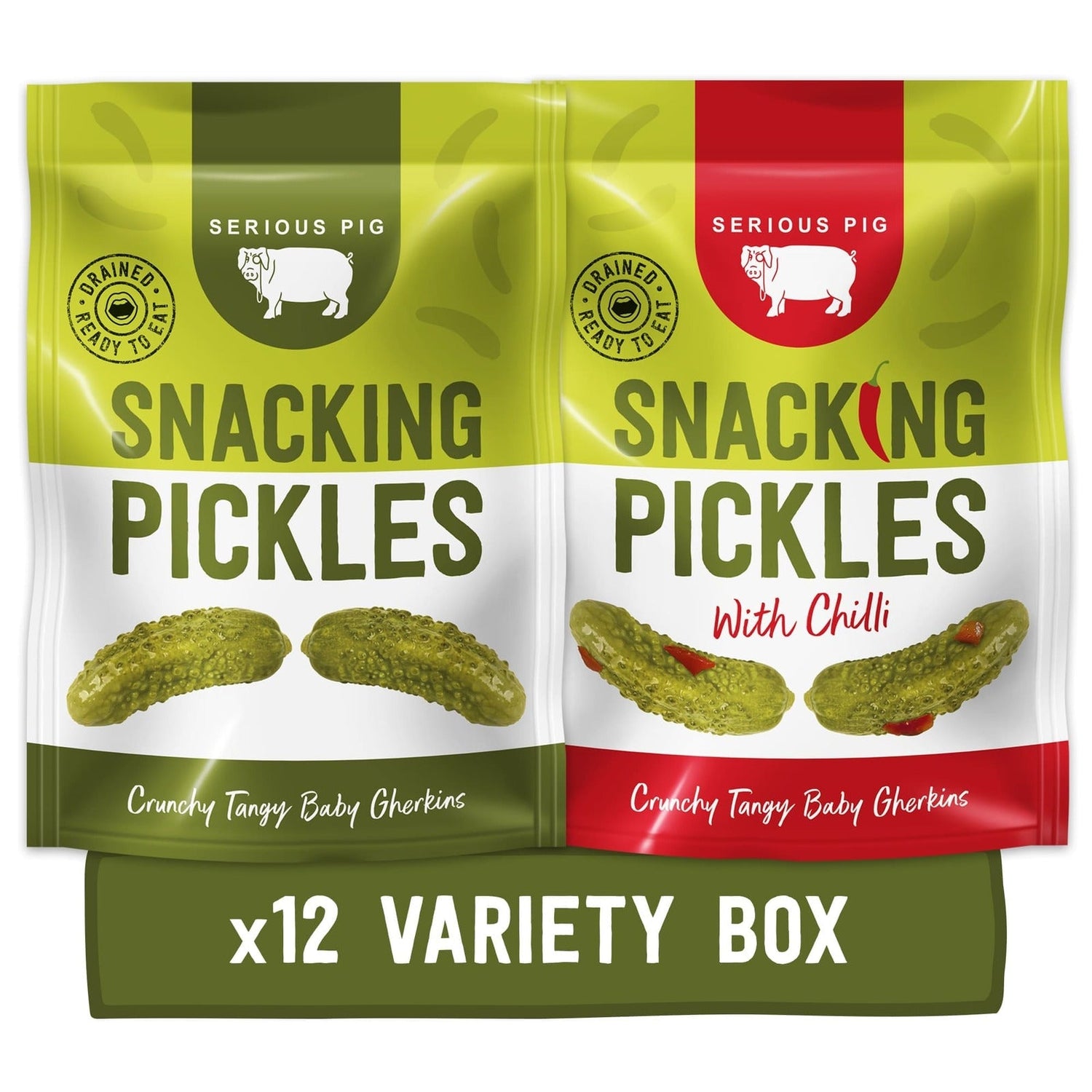 Serious Pig Pickle Selection Box with twelve packets of Snacking Pickles