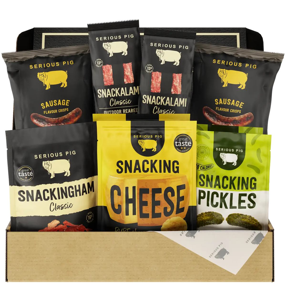 Serious Pig Classic Selection Snack Box with Snackalami, Snackingham, Snacking Cheese and Snacking Pickles