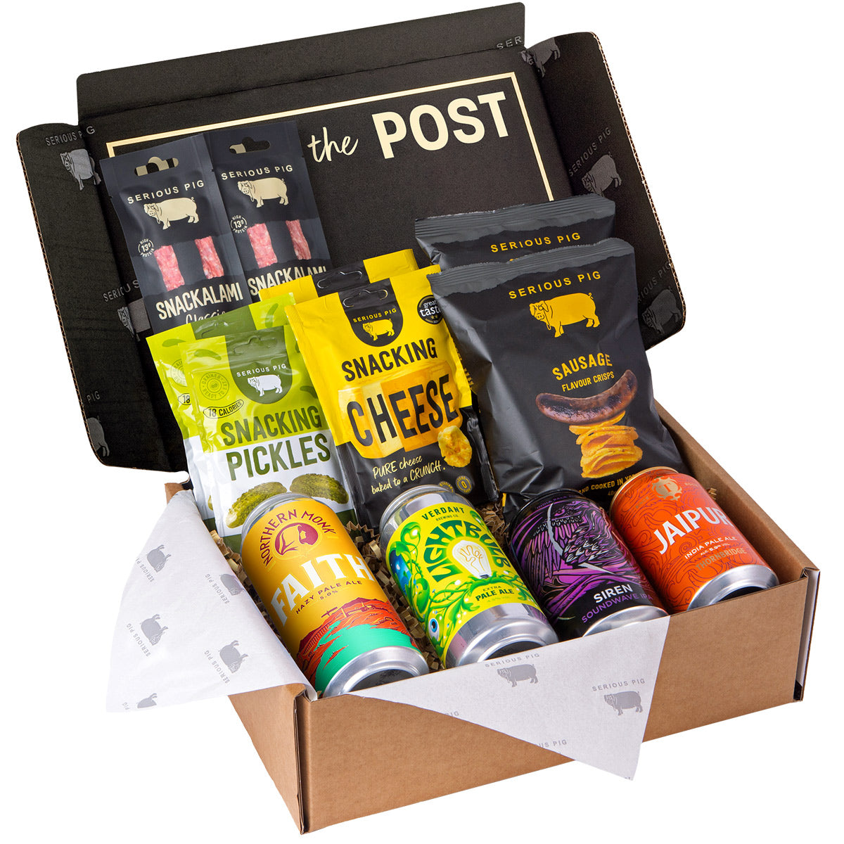 Serious Pig Pub in the Post craft beer gift box with Snackalami, Snacking Cheese, Snacking Pickles and sausage crisps