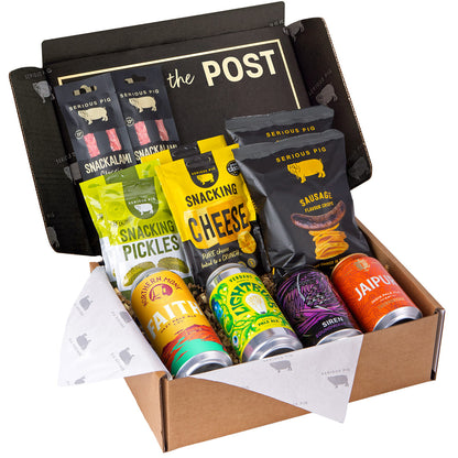 Serious Pig Pub in the Post craft beer gift box with Snackalami, Snacking Cheese, Snacking Pickles and sausage crisps