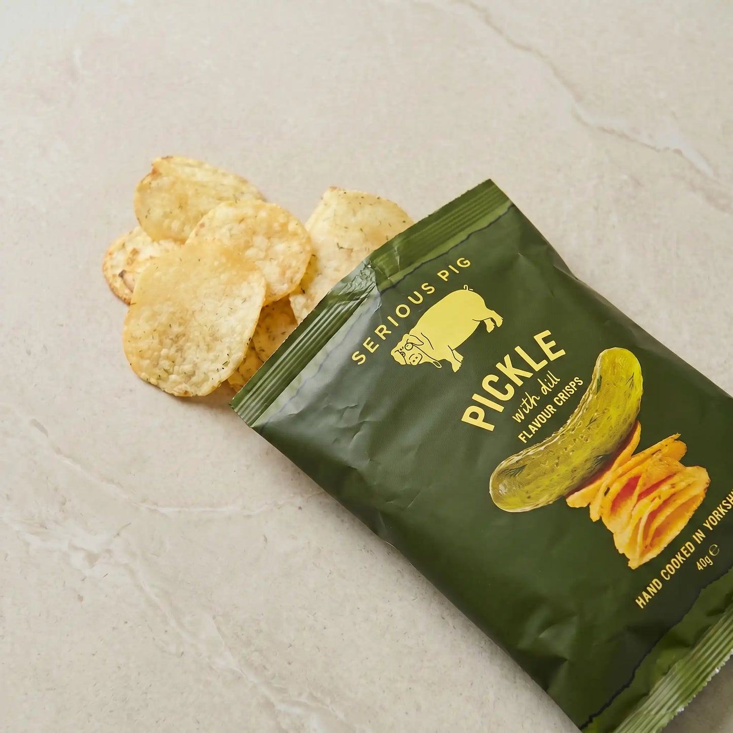 Serious Pig Pickle Crisps out of packet