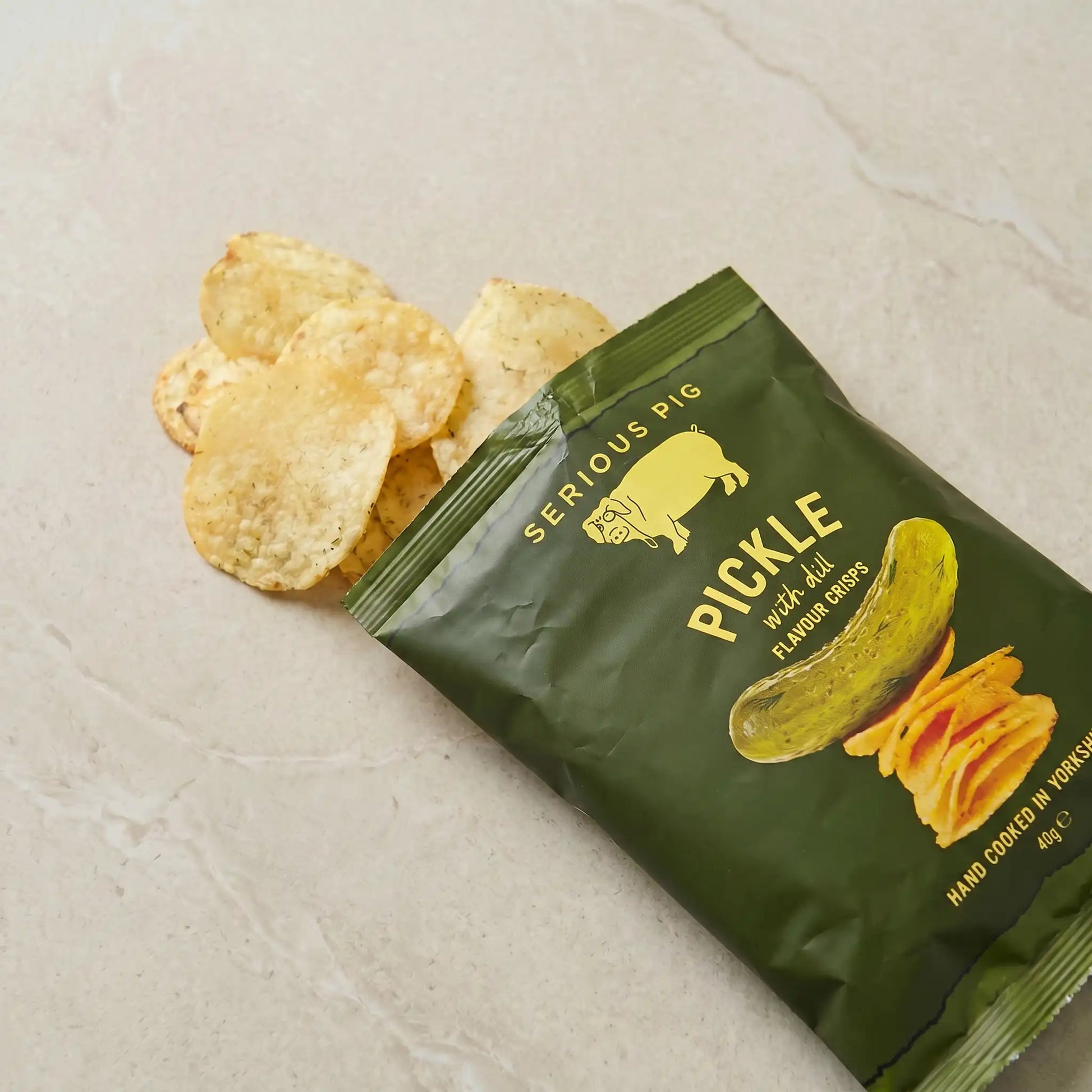Serious Pig Pickle Crisps out of packet