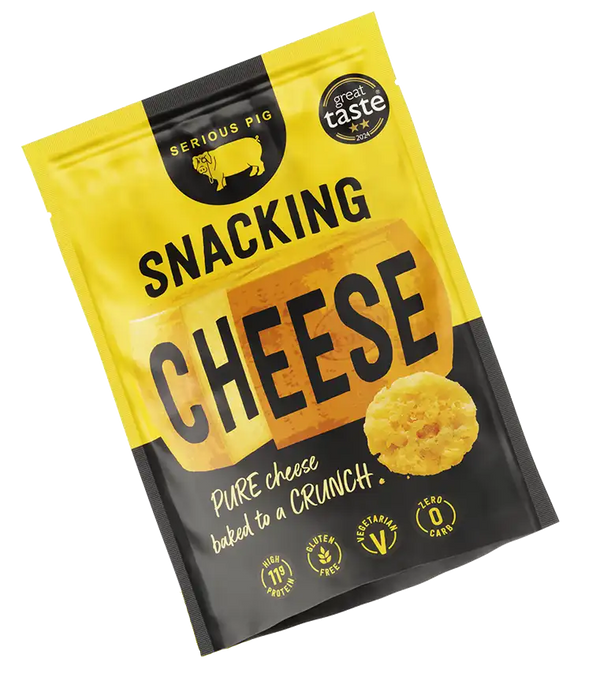 A bag of Serious Pig Snacking Cheese, featuring a bright yellow and black packaging design with a graphic of a cheese slice and a cheese cracker, set against a plain white background.