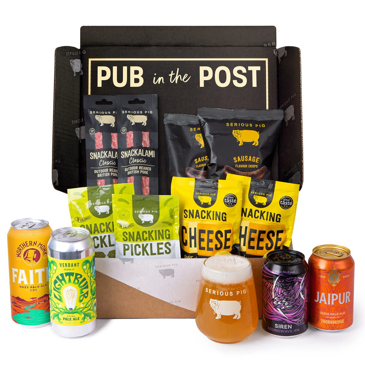 Craft beer gift hamper with four IPAs from Verdant, Siren, Northern Monk and Thornbridge plus Serious Pig snacks