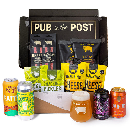 Craft beer gift hamper with four IPAs from Verdant, Siren, Northern Monk and Thornbridge plus Serious Pig snacks
