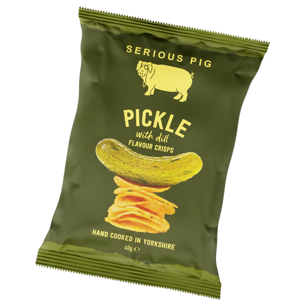 A 40g bag of Serious Pig Pickle with Dill Flavour Crisps, featuring an olive green package with a yellow illustration of a pig and a pickle on a stack of chips.