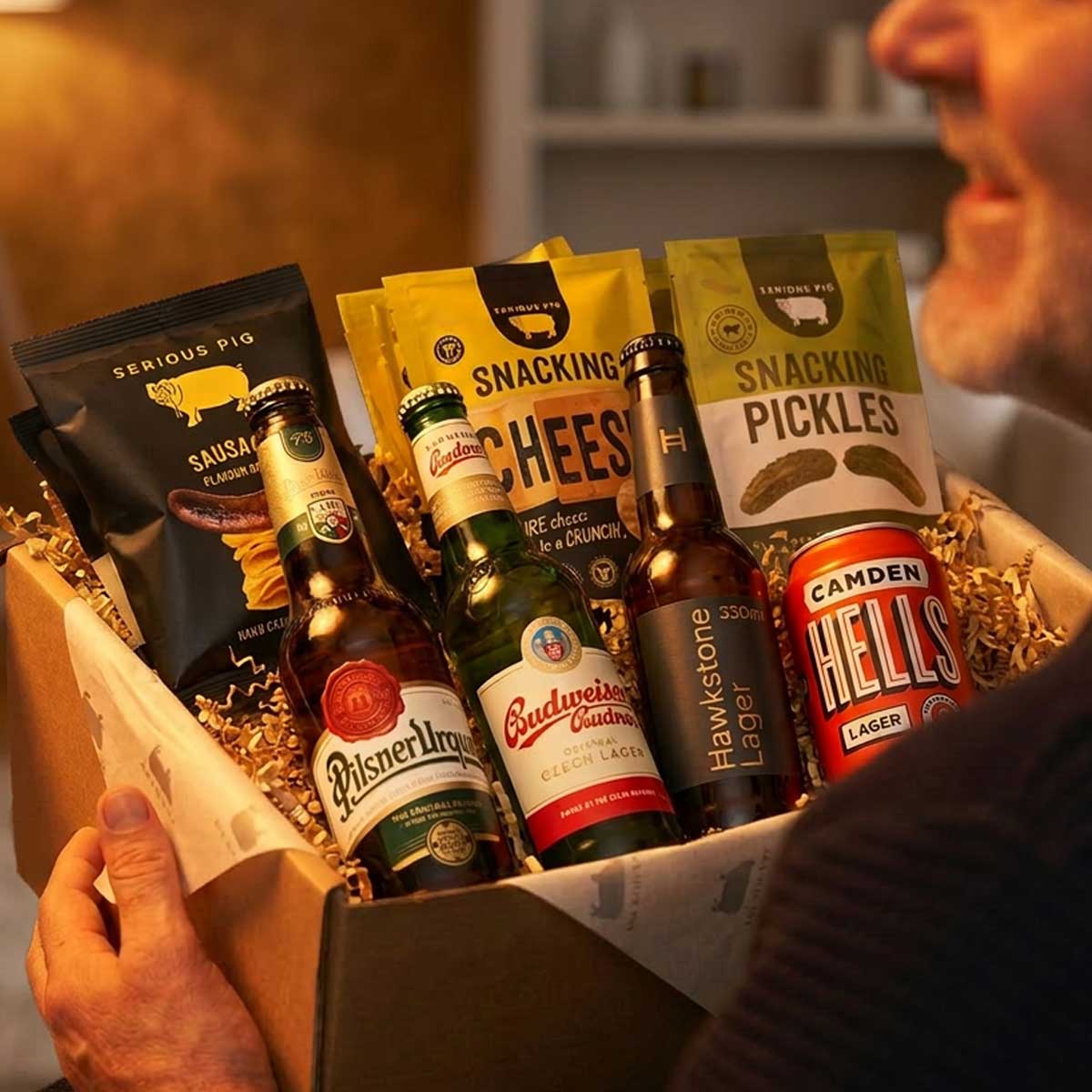 Ideal gifts for Father's day. Premium lager gift set, with goumet snacks by Serious Pig.